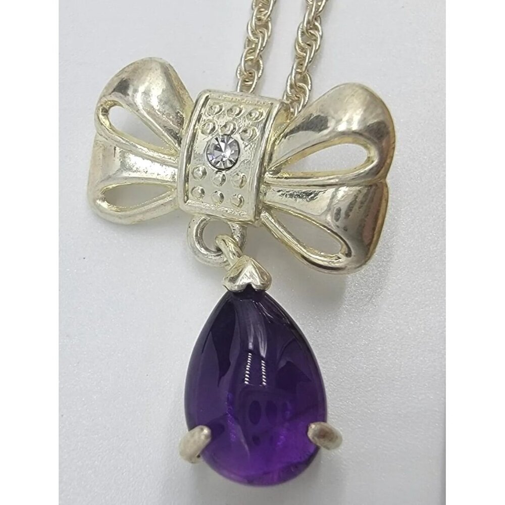 Silver Tone Bow with Rhinestone and Purple Stone on Chain Necklace